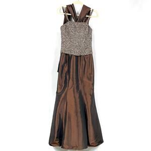 La Perle Chocolate Brown‎ Satin Gown Sequin Beaded Maxi Dress Sz 2
